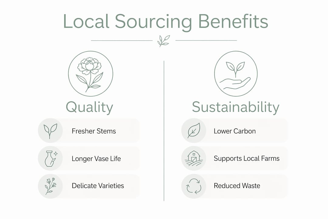 Infographic showing quality and sustainability benefits of local sourcing in floristry