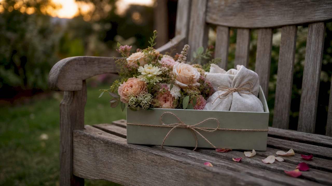 Floral gift box with keepsake on table