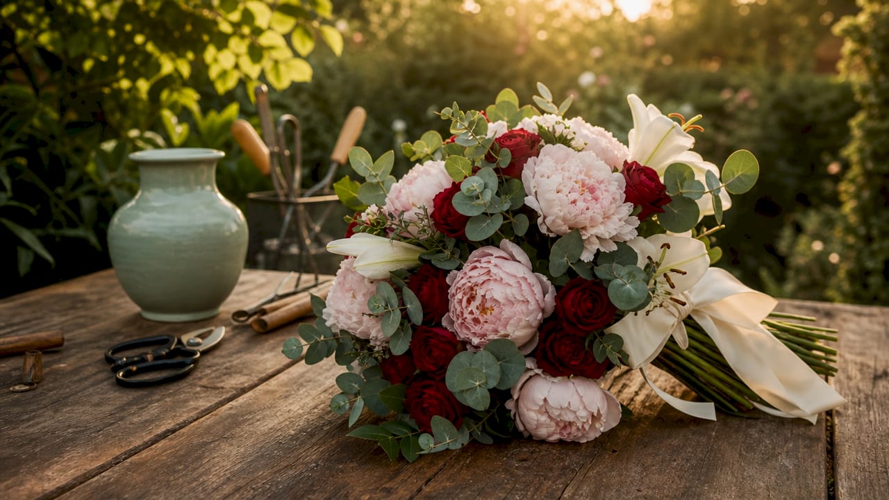 Elegant romantic anniversary bouquet on countertop