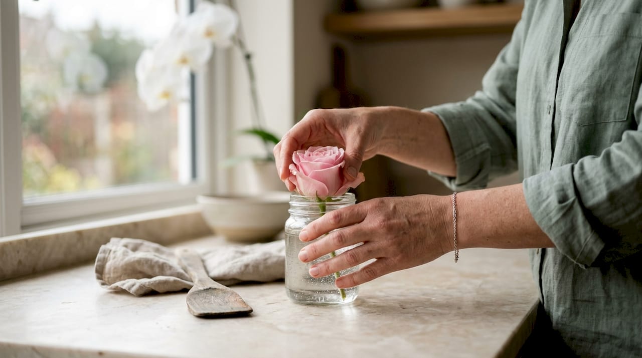 Hands dipping rose in glycerin preservation solution