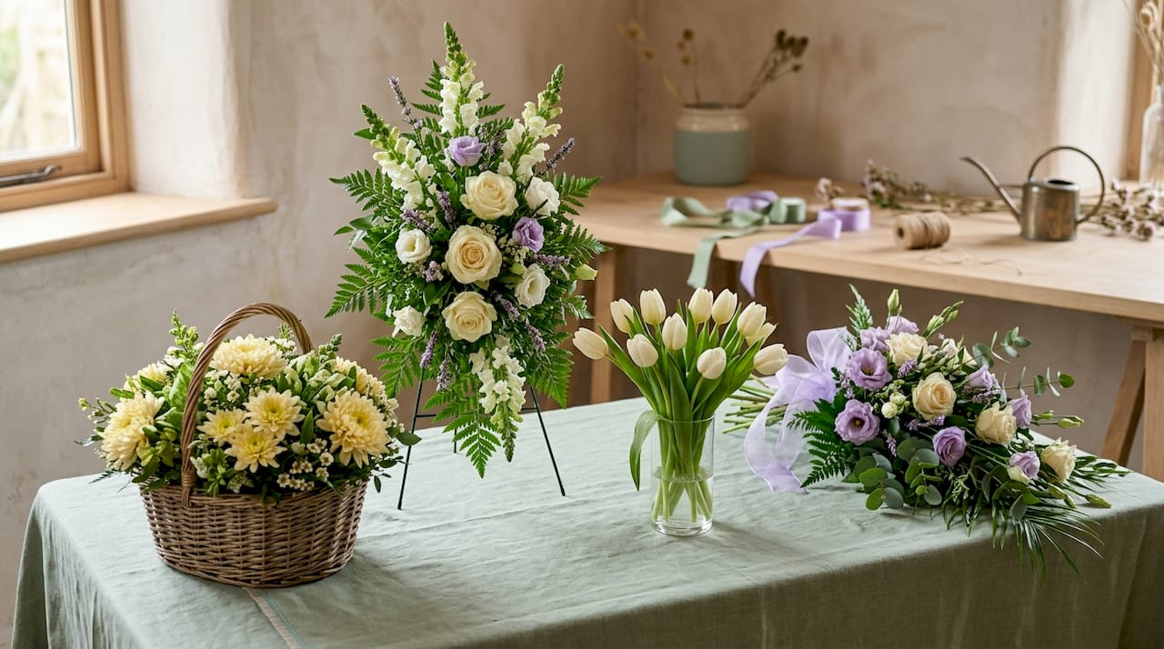 Four types of sympathy flower arrangements overhead