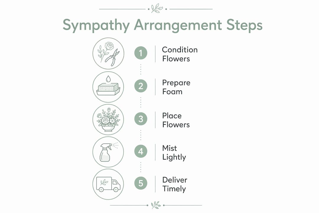 Infographic showing step-by-step sympathy flower arrangement process