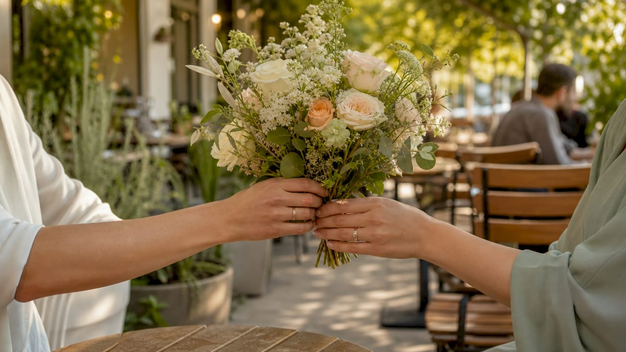 Close-up of hands exchanging premium floral gift