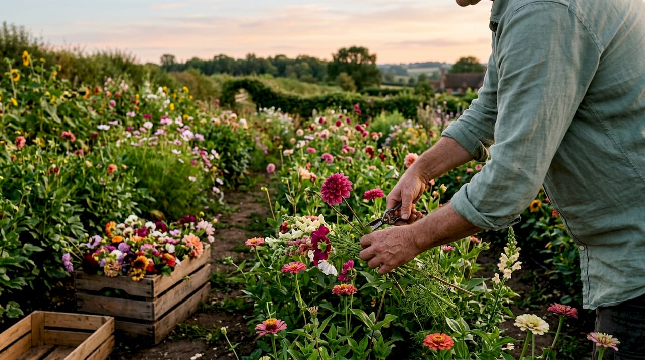 Hands harvesting flowers on local farm
