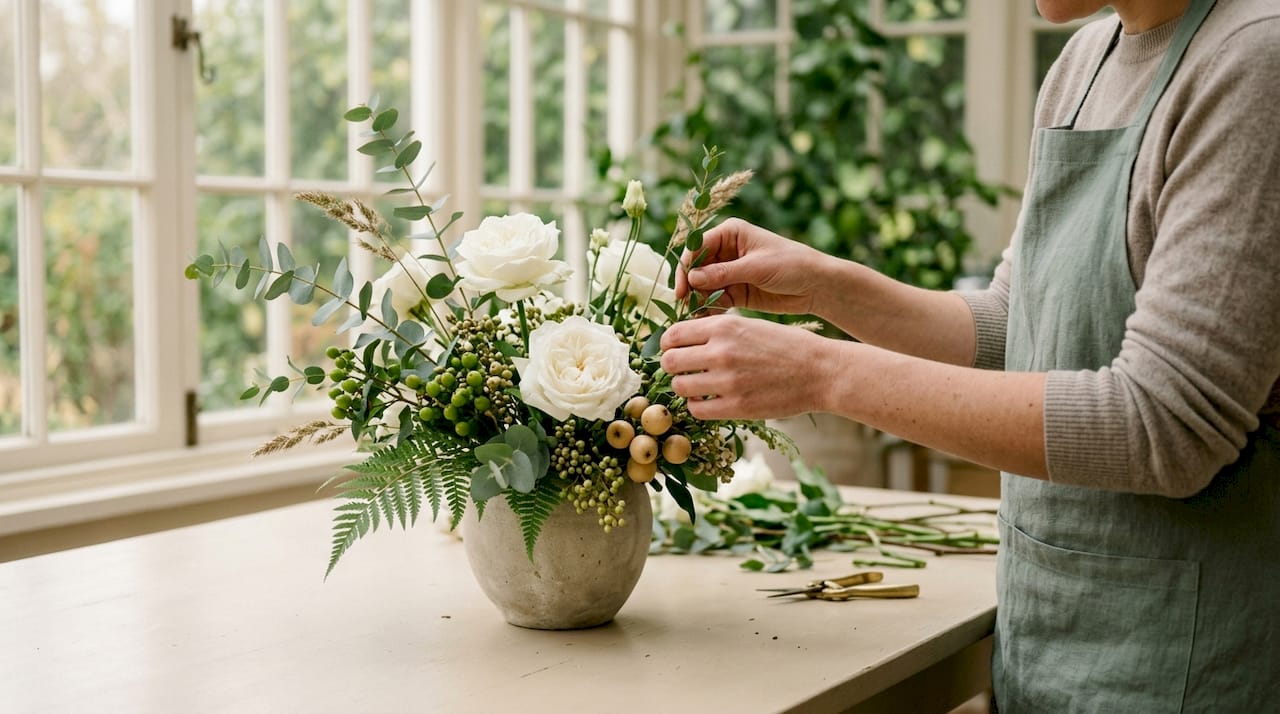 Florist arranging flowers with decorative accents