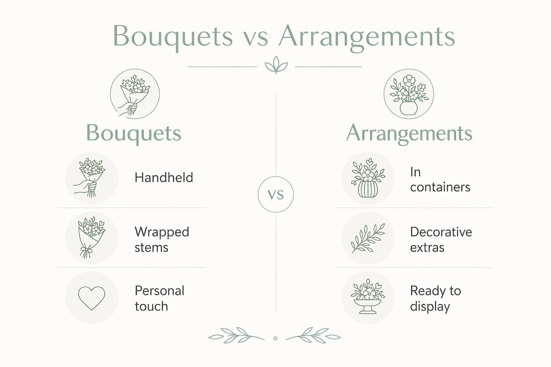 Infographic comparing bouquets and arrangements