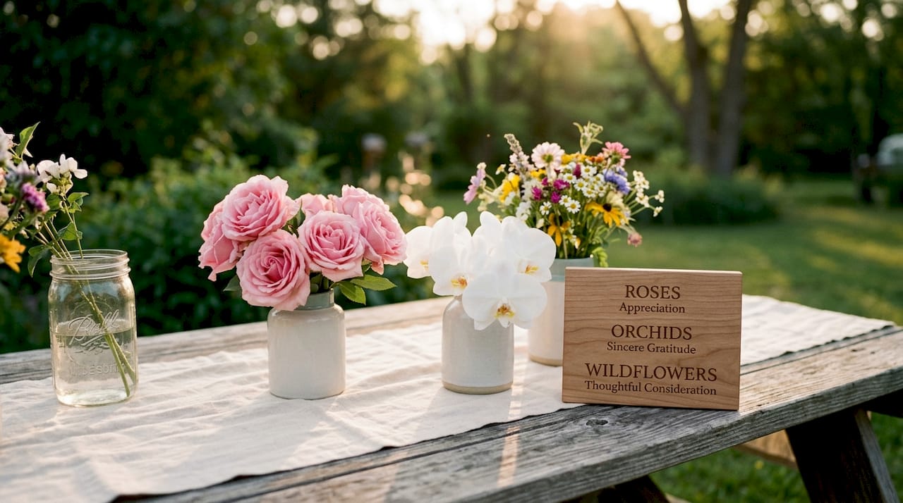 Arrangement of thank you flowers with meaning tags