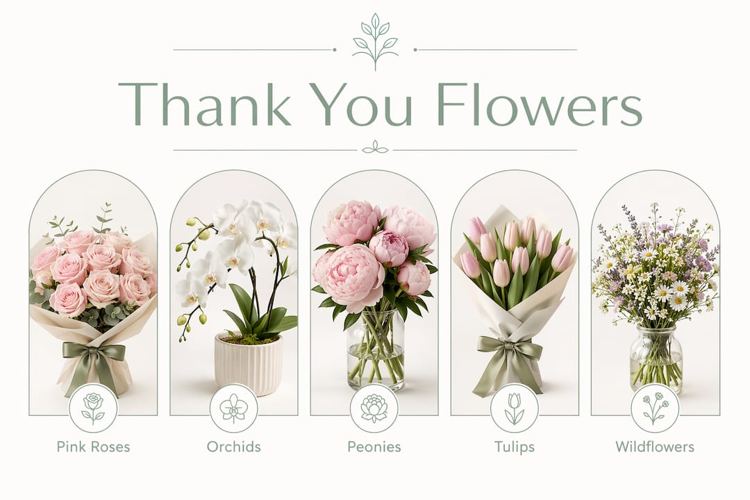 Infographic of popular thank you flowers and meanings