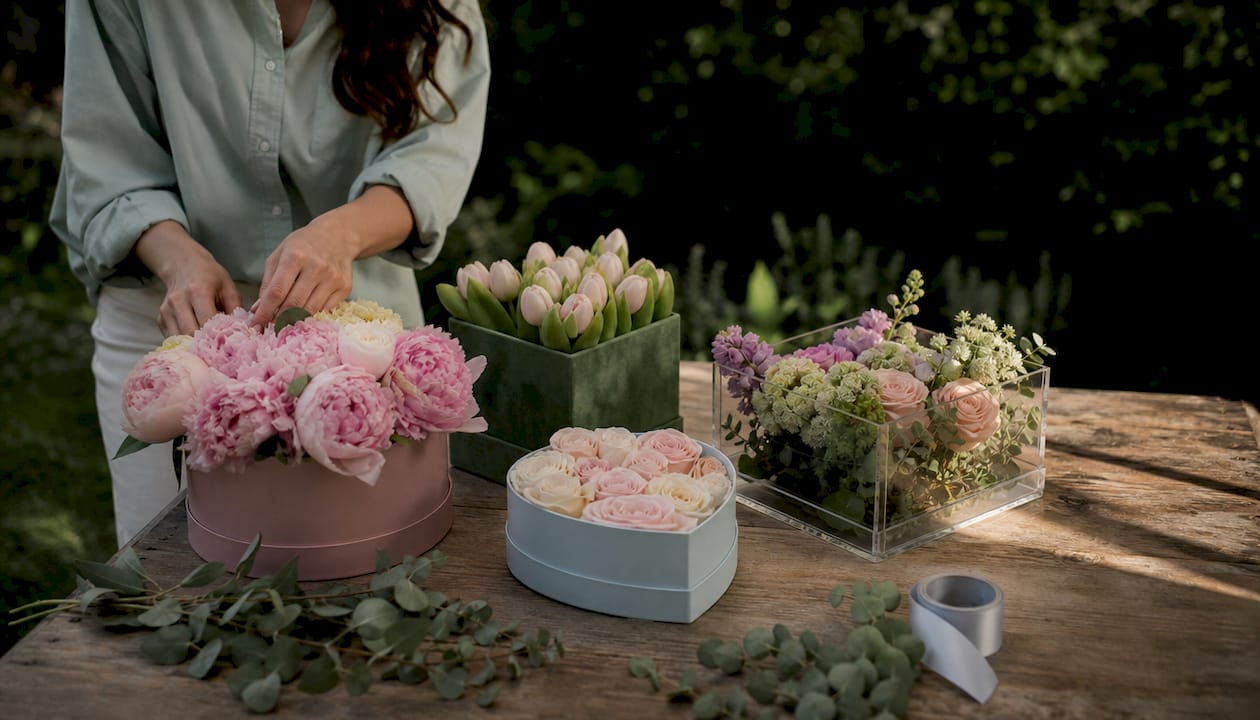 Various styles of flower boxes with different flowers