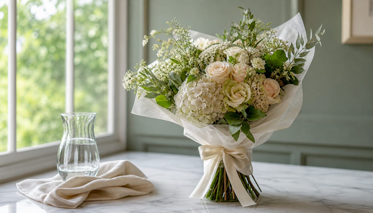 Close-up luxury flower bouquet with elegant wrapping