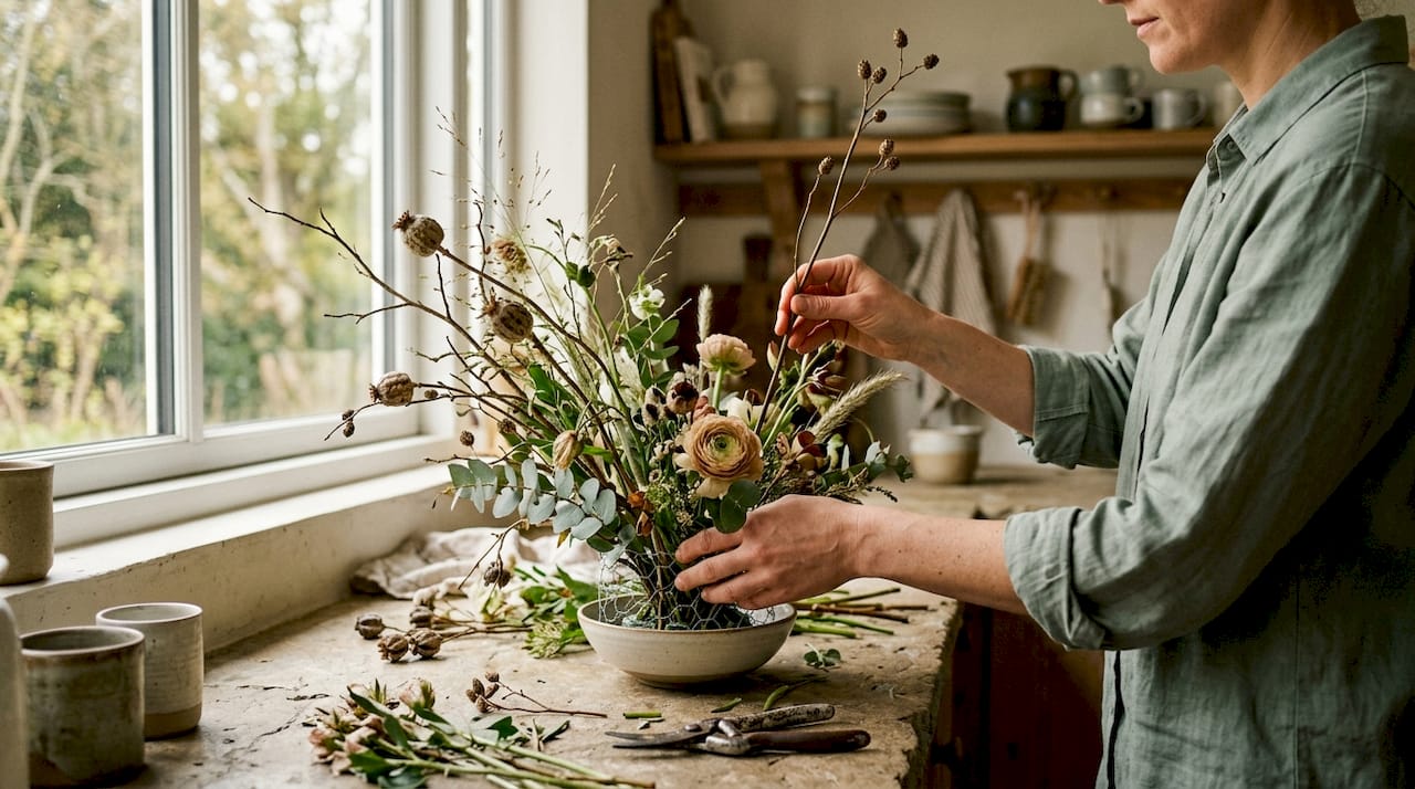 Hands crafting foam-free contemporary bouquet