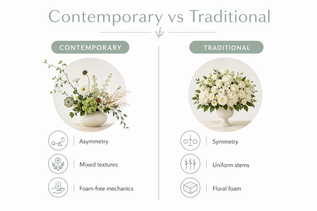 Infographic contrasting contemporary and traditional bouquet designs