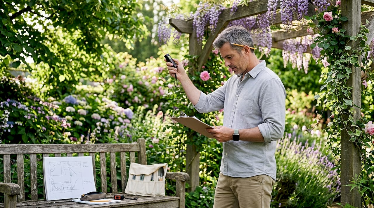 Floral designer measuring installation space in gallery