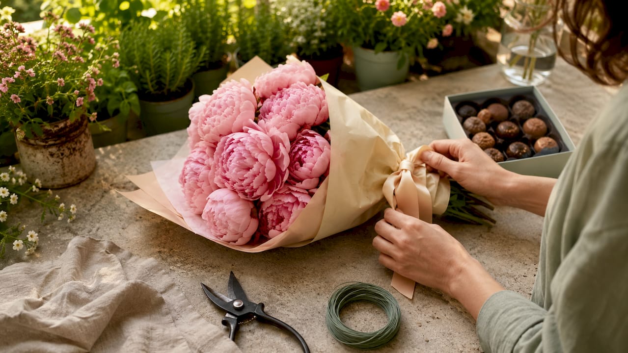 Close-up of hands wrapping flowers with gift box