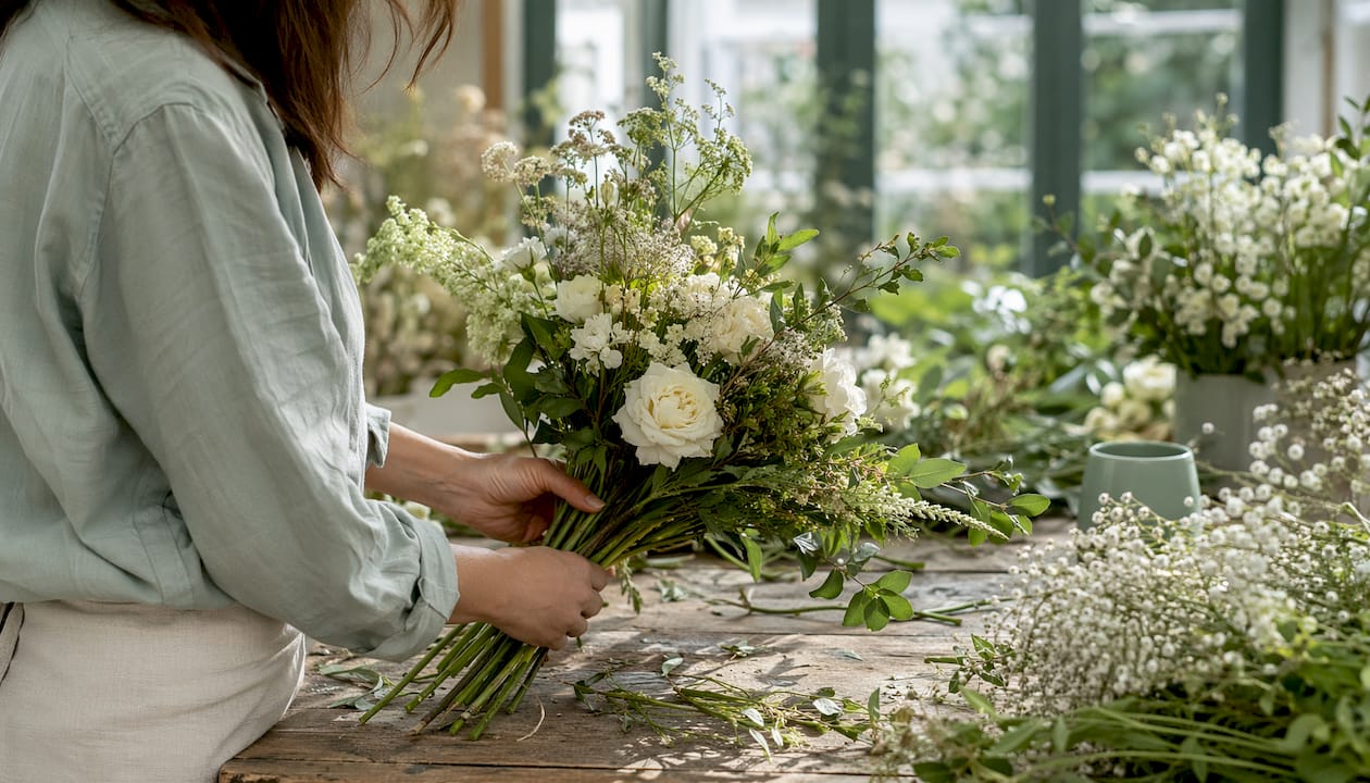 Close-up of hands assembling bouquet with spiral technique