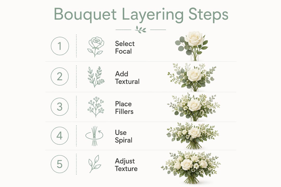 Infographic showing bouquet layering step-by-step guide