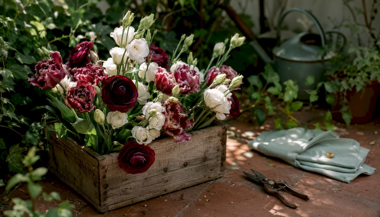 Crate of rare seasonal flowers in greenhouse