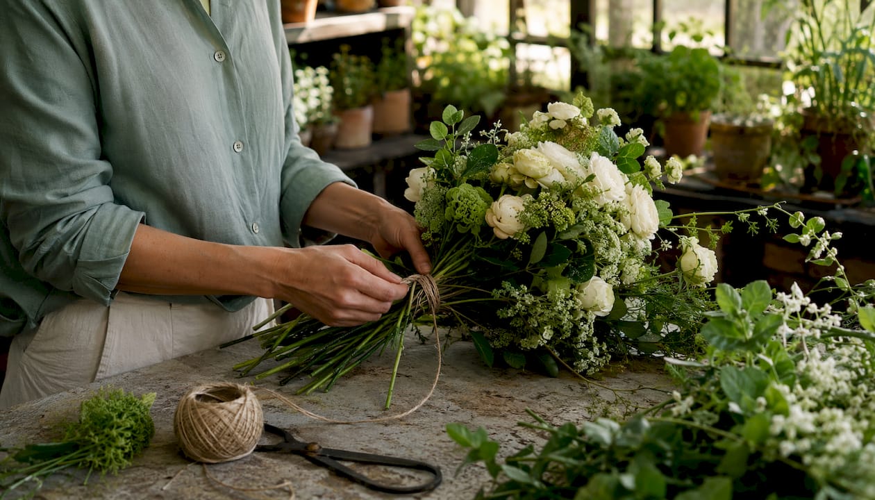 Hands tying bouquet with traditional technique