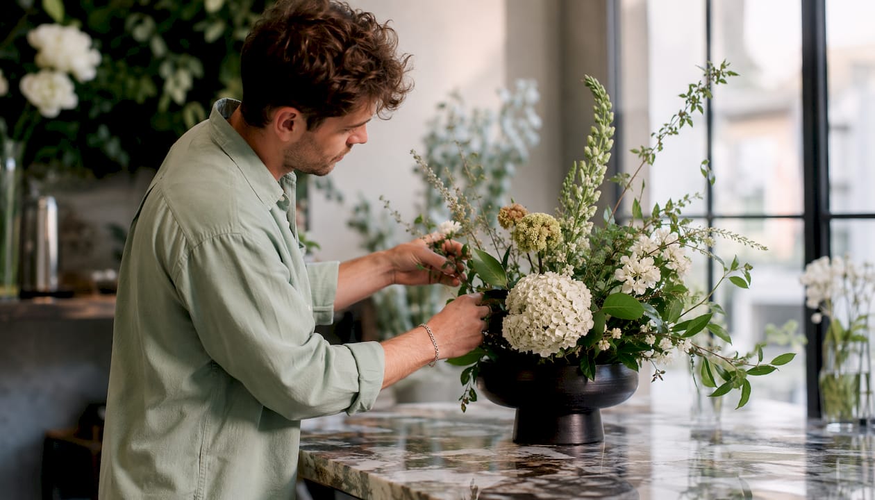 Floral artist layering textured stems in vase
