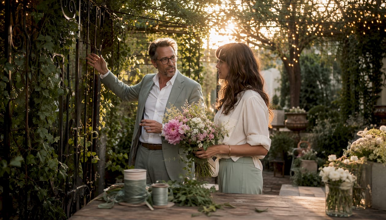 Event planner and florist discussing venue floral setup