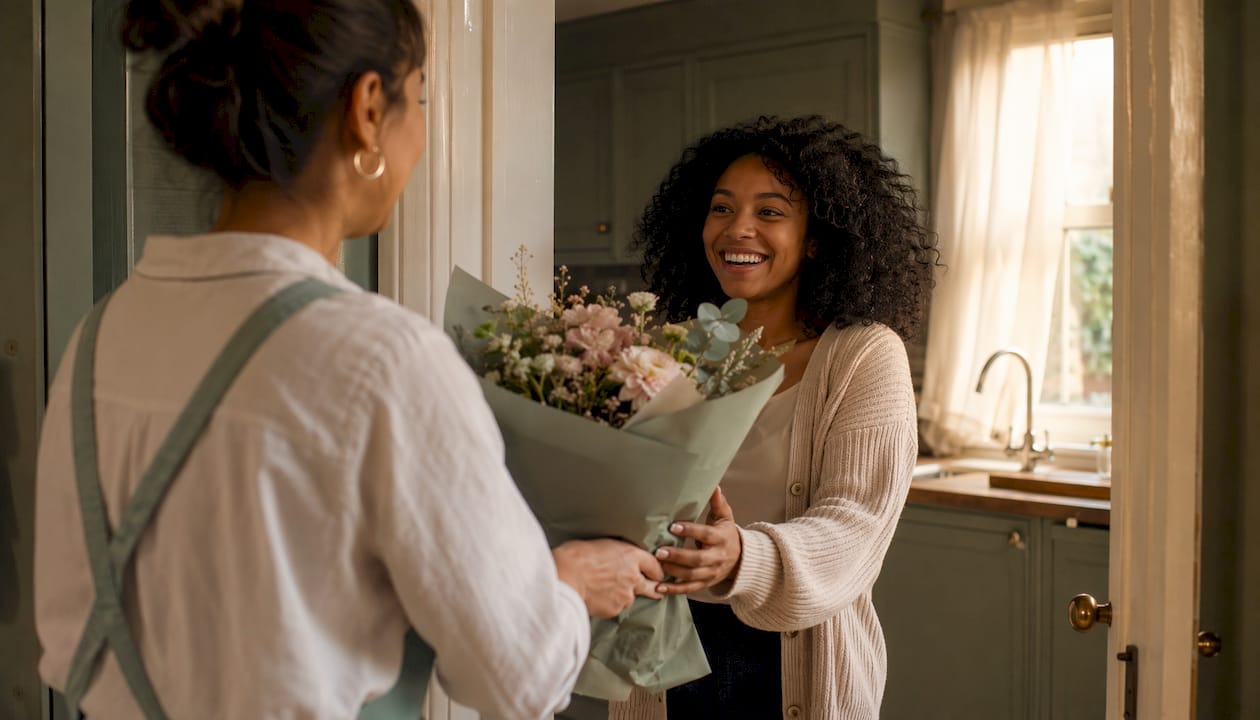 Customer receiving same-day flower delivery