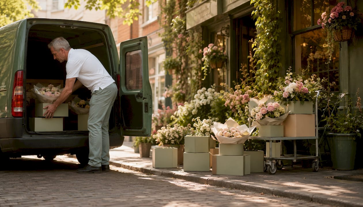 Delivery driver loading bouquets in van