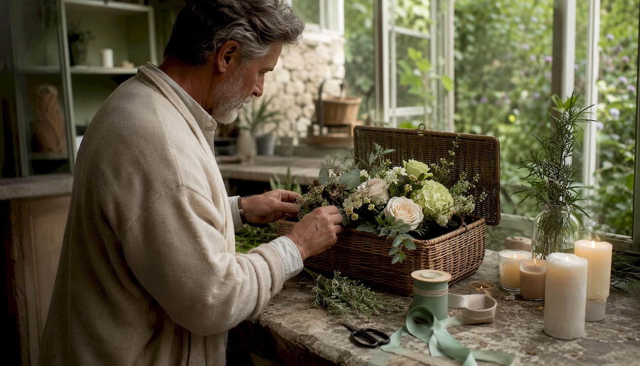 Hands curating personalised designer flower hamper gift