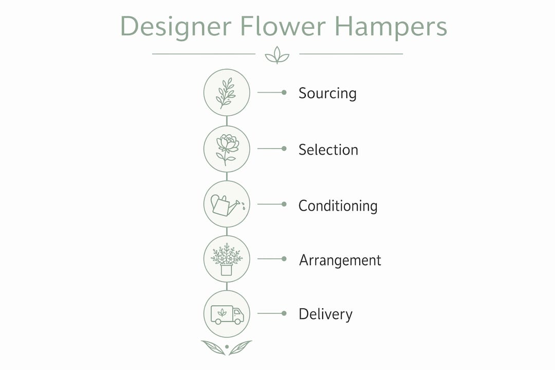 Infographic showing steps in designer flower hamper creation