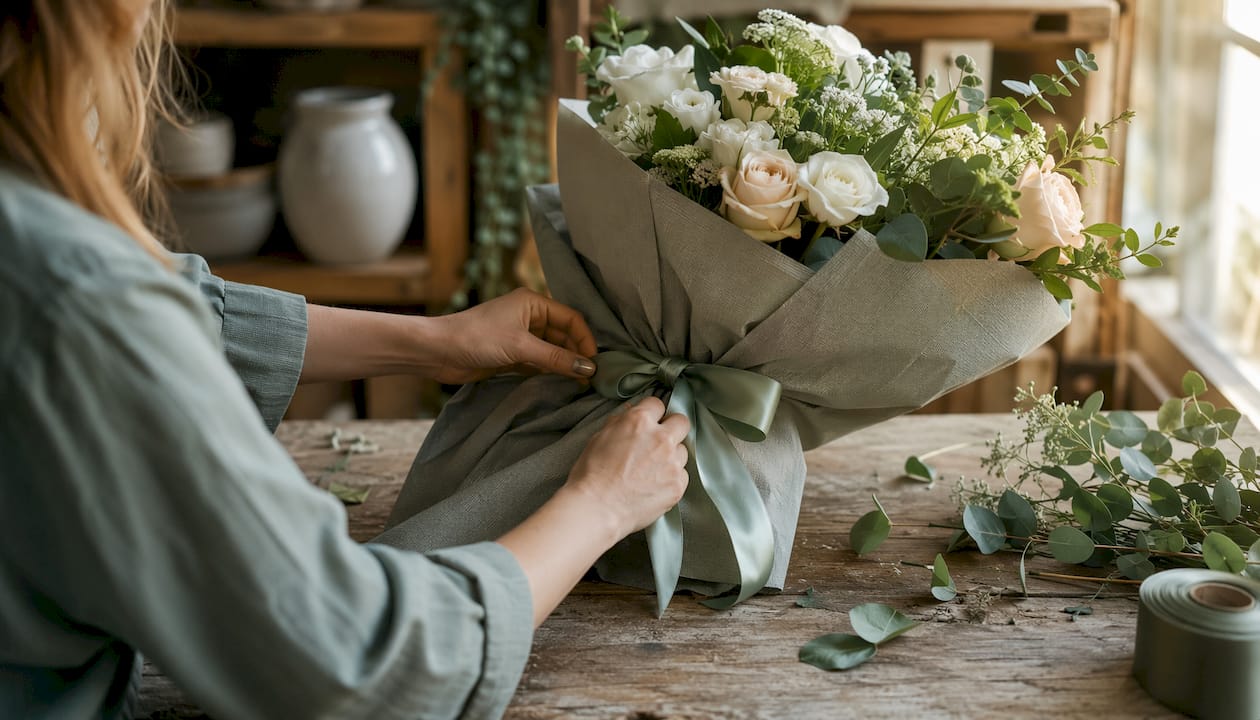 Hands wrapping bouquet with ribbon