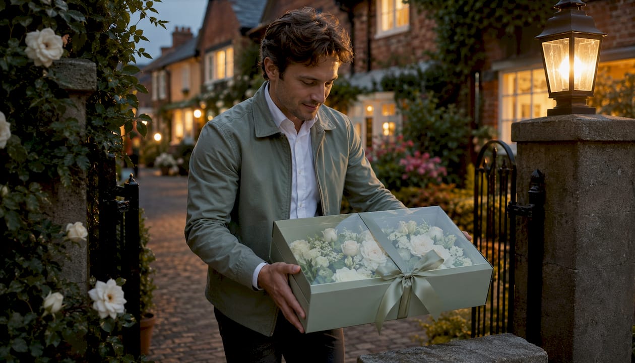 Courier delivering luxury flowers doorstep