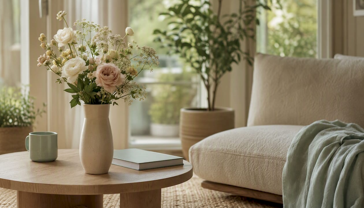 Minimalist bouquet in elegant living room setting