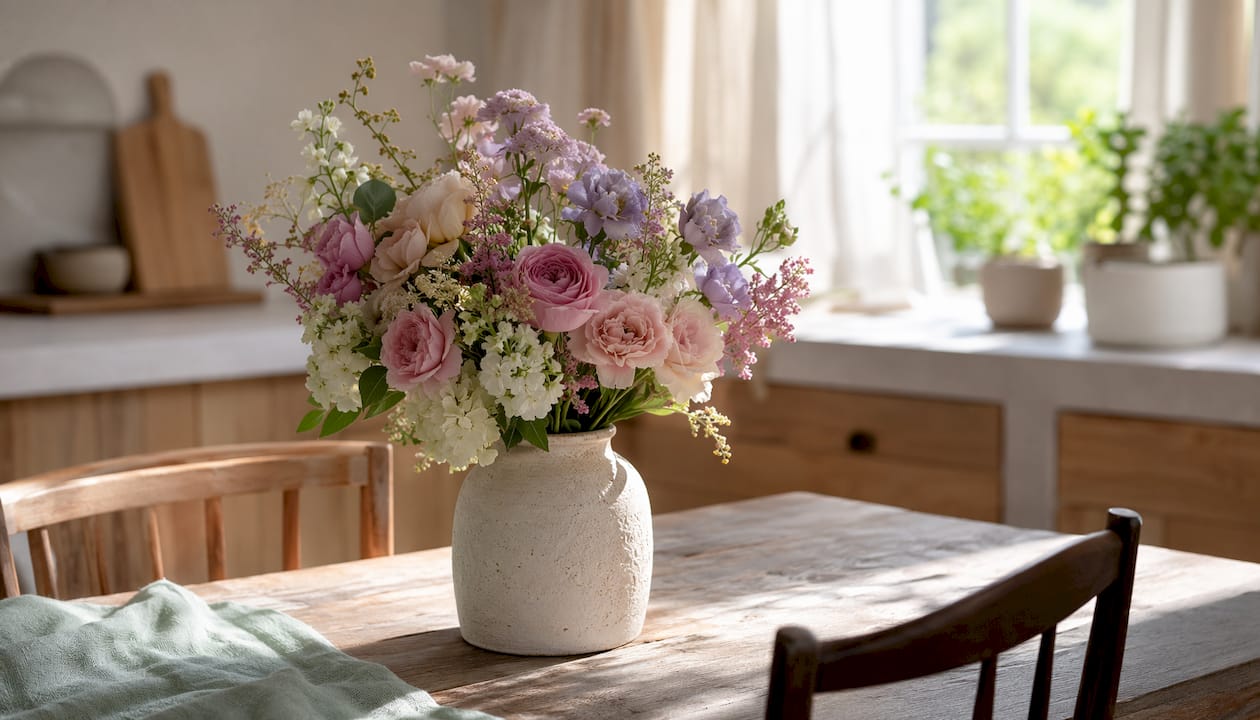 Pastel flower bouquet on kitchen countertop