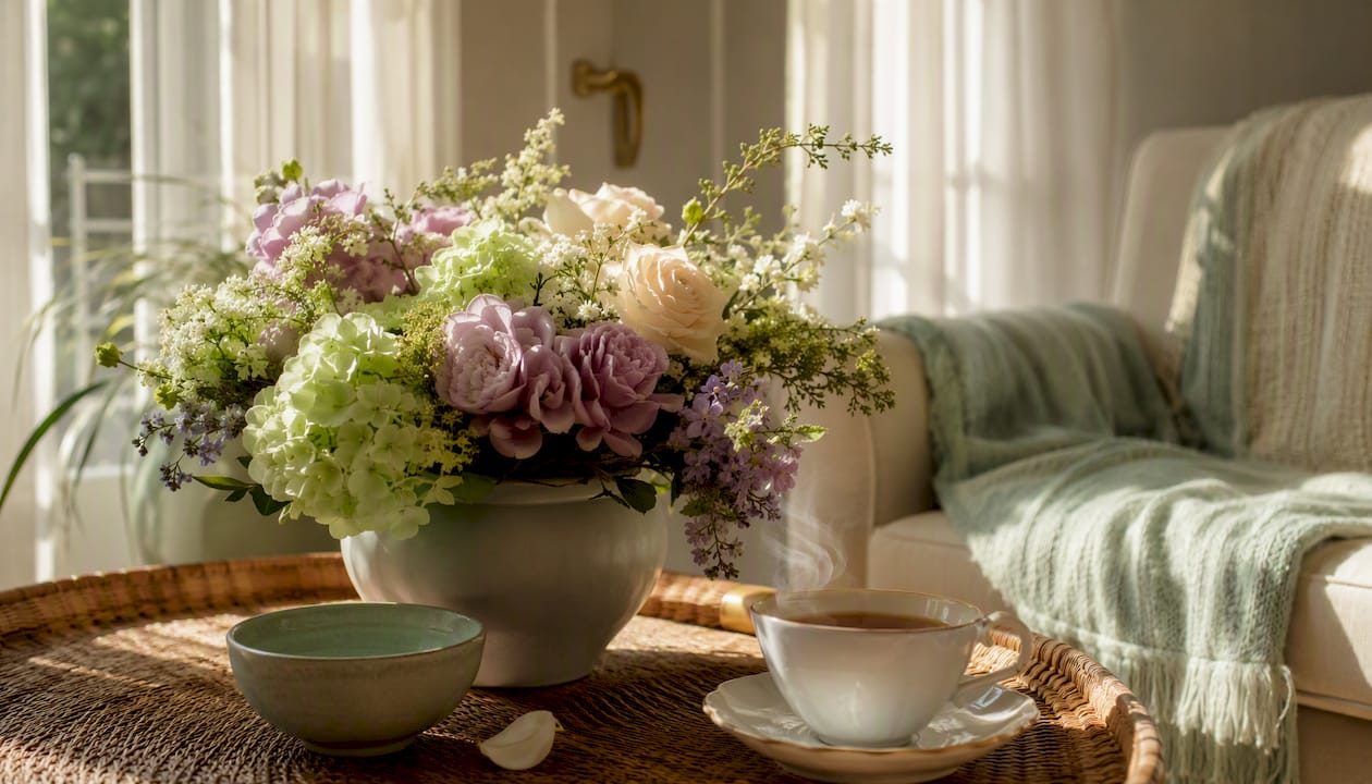 Pastel bouquet styled in living room