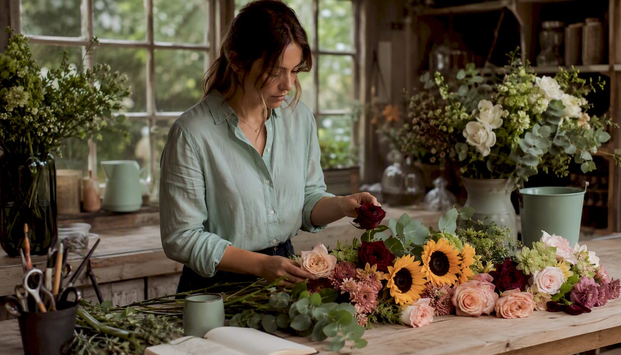 Overhead shot of floral colour palette with hands