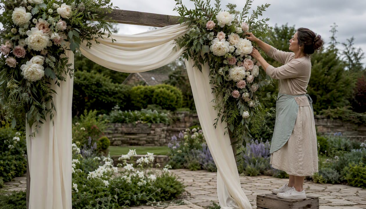 Wedding floral arch with florist adjusting flowers outdoors