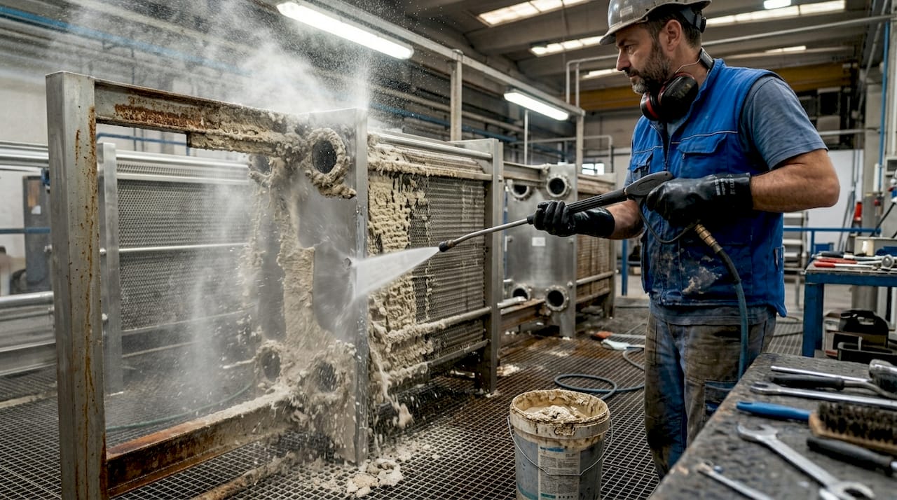 L’operatore elimina il calcare dagli impianti utilizzando metodi meccanici.