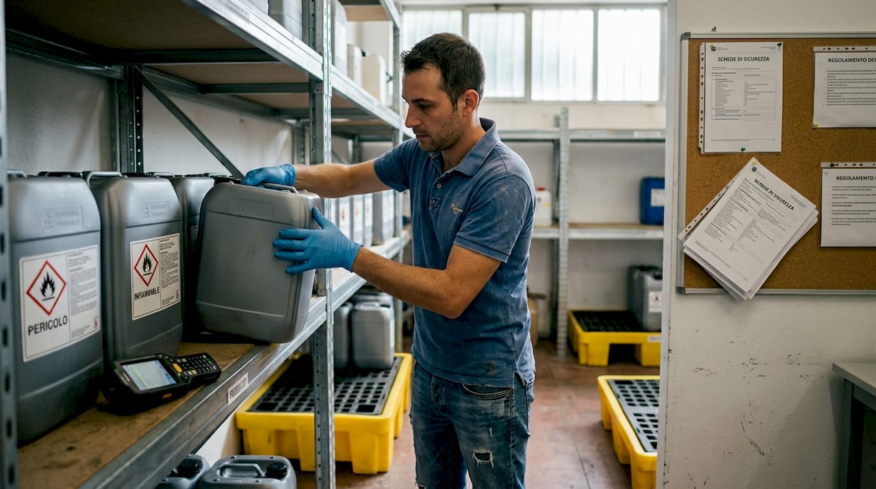 Un dipendente sta sistemando gli scaffali con i prodotti chimici, assicurandosi che tutto sia ordinato e catalogato correttamente.