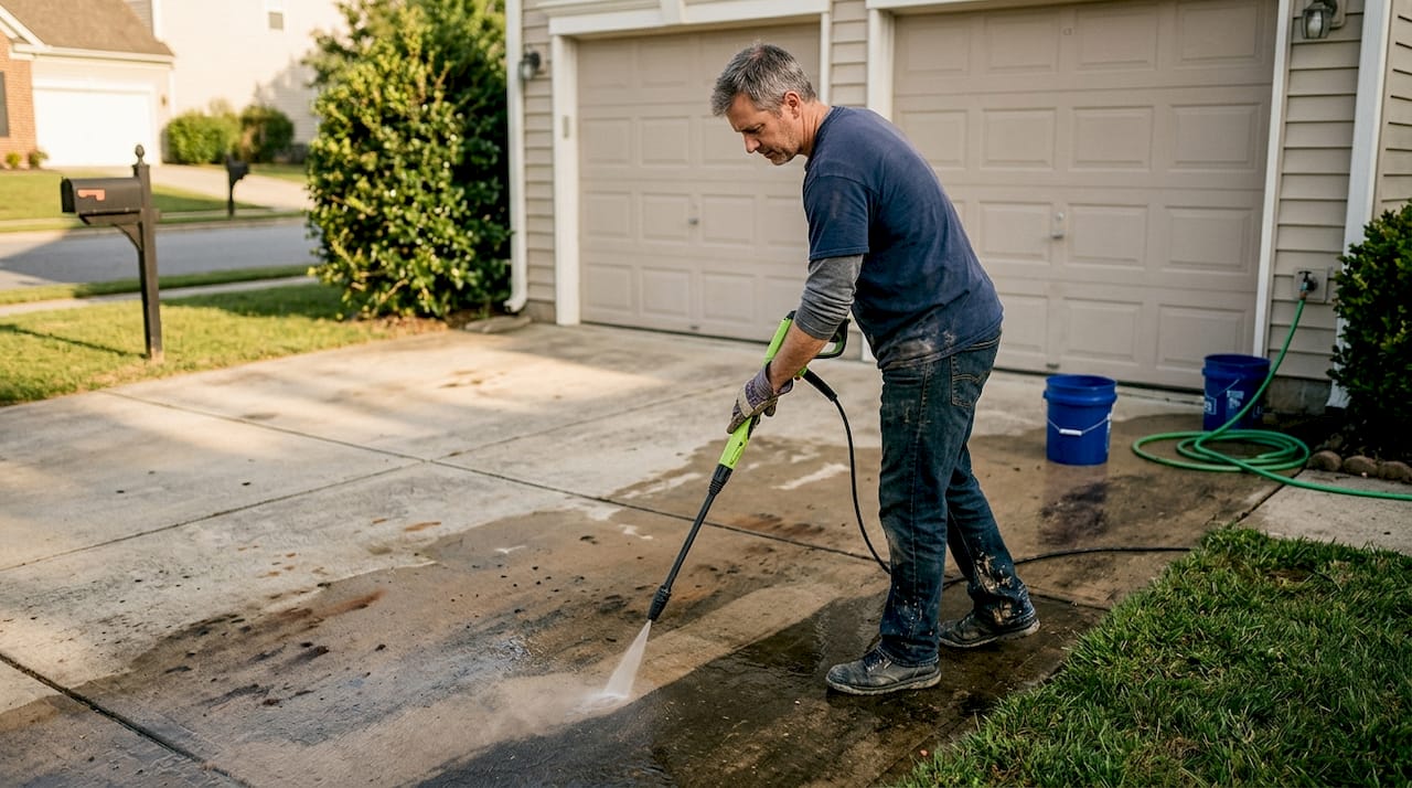 Un uomo sta pulendo il vialetto di casa con una idropulitrice.