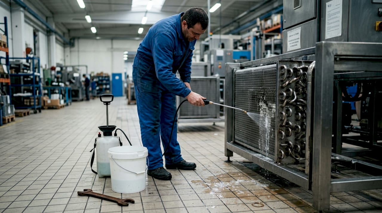 Un operaio sta pulendo uno scambiatore incrostato di calcare utilizzando un detergente specifico.