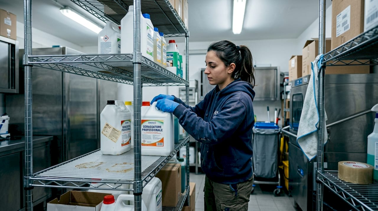 Operatrice che sistema i detergenti sugli scaffali dell’azienda