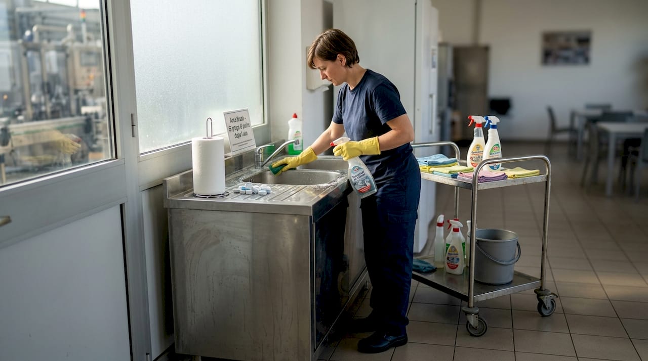 Un addetto alle pulizie elimina il calcare dal lavandino dell’ufficio.