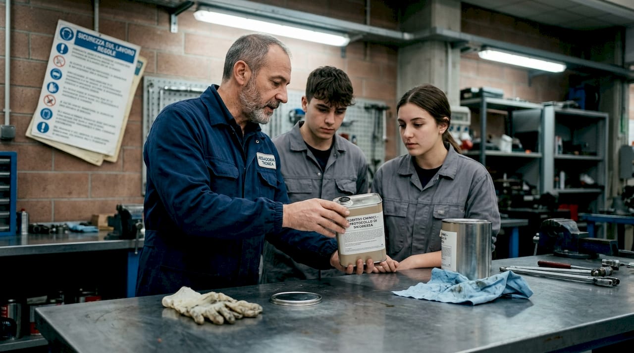 L’istruttore spiega come utilizzare gli additivi in modo sicuro