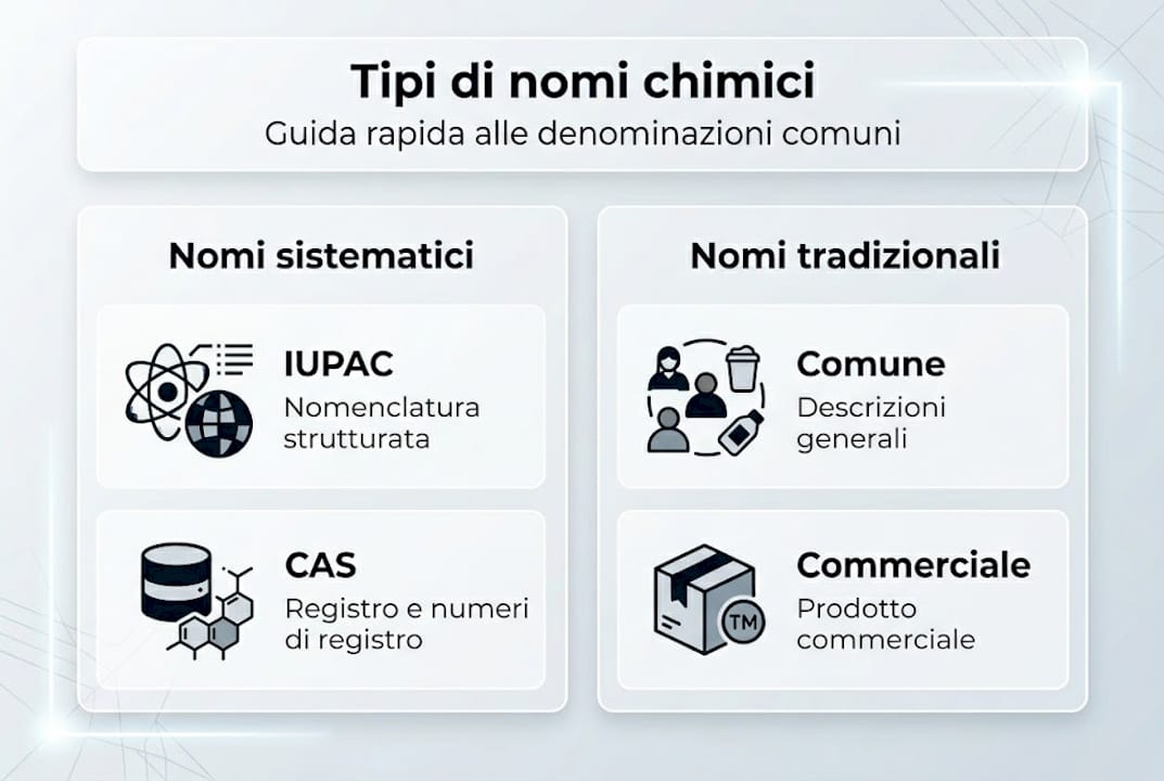Guida illustrata alle diverse tipologie di nomi chimici