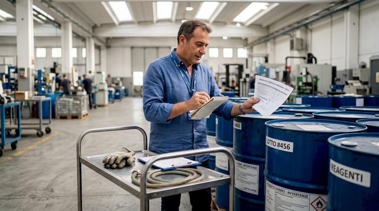 Il responsabile di stabilimento controlla la composizione degli ingredienti dei detersivi.