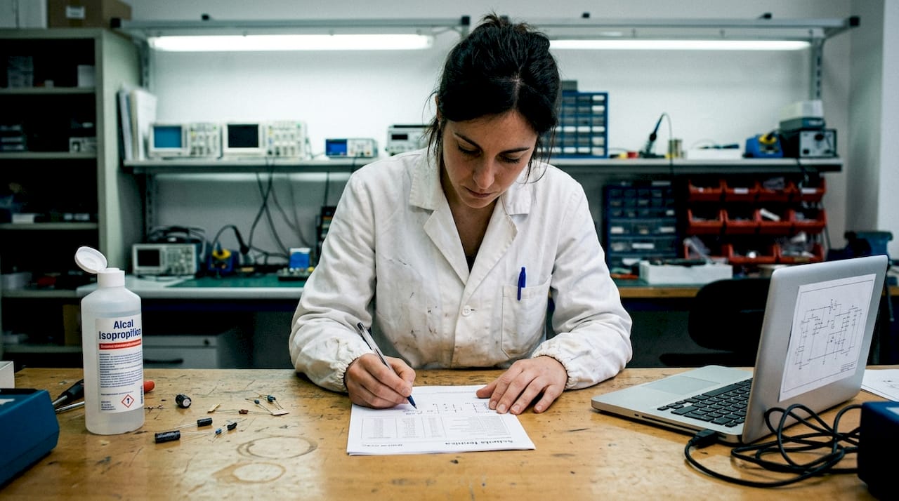 In laboratorio, una ricercatrice analizza attentamente la scheda tecnica di un detergente.