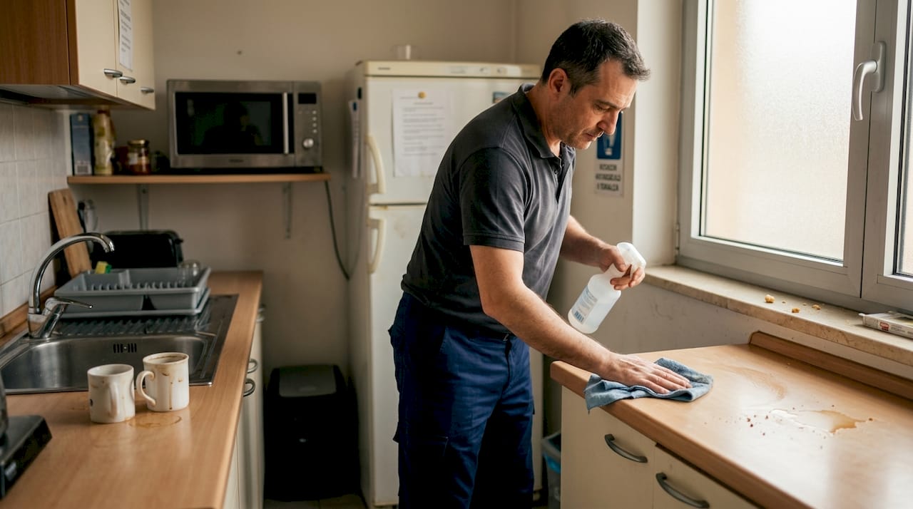 Un addetto alle pulizie sta igienizzando il piano della cucina in ufficio.