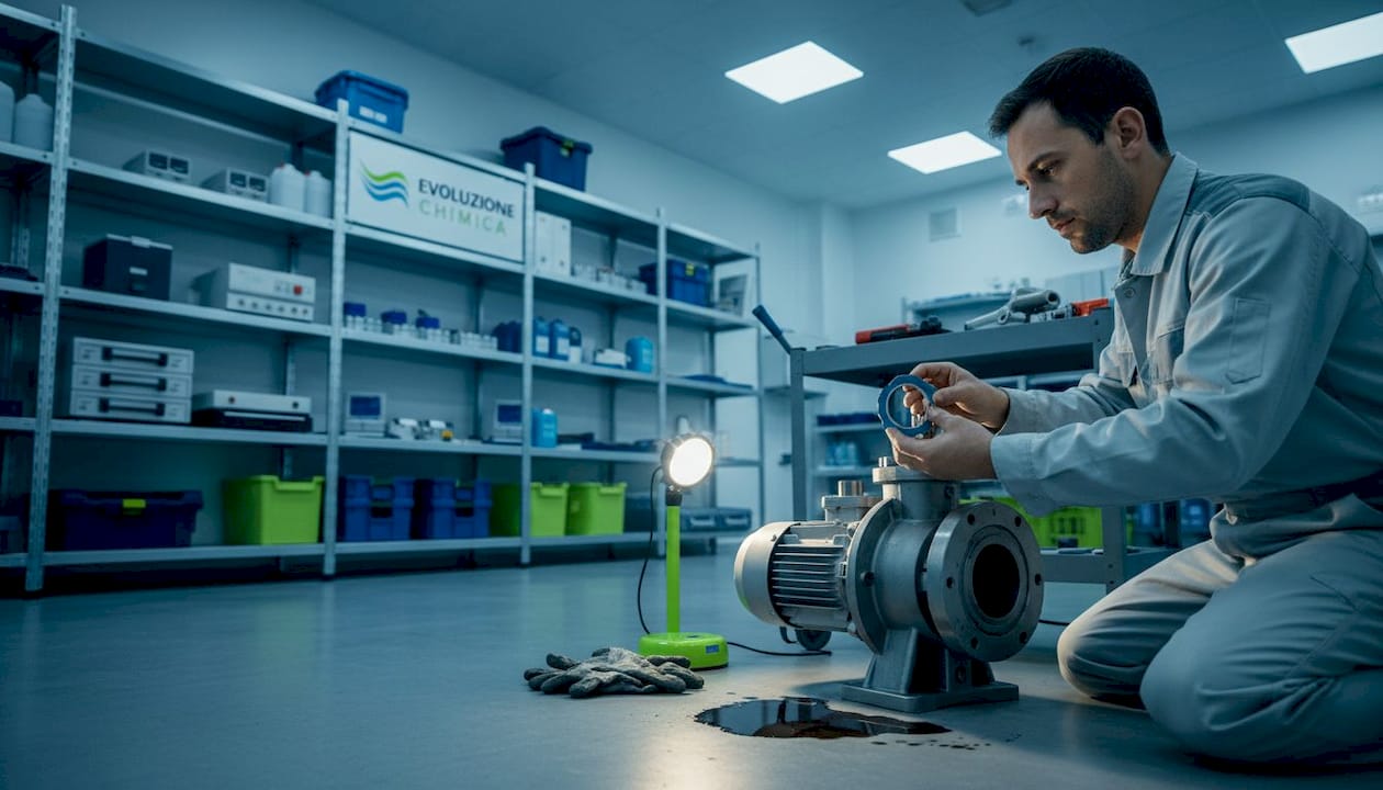 Il manutentore verifica lo stato delle guarnizioni della pompa in officina.