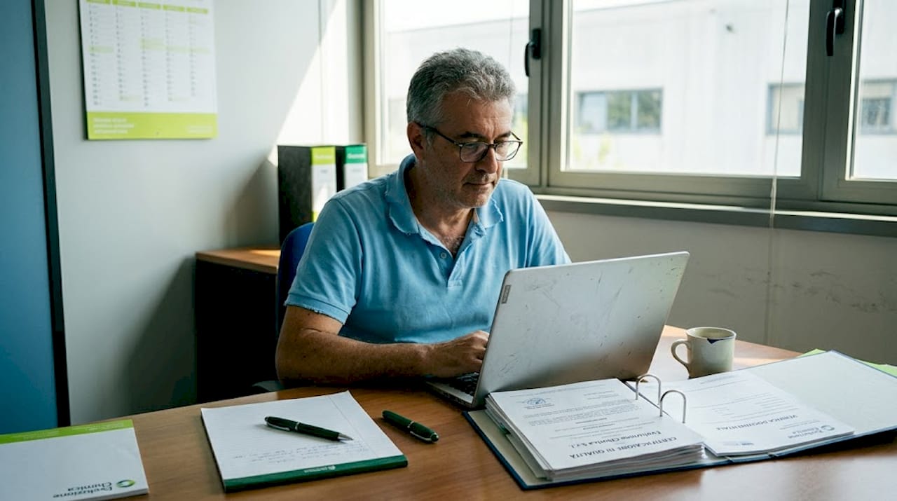 Il responsabile qualità esamina le certificazioni chimiche alla scrivania.