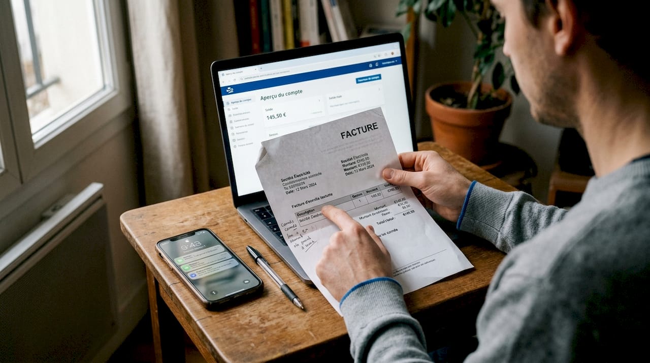 Des mains contrôlent les informations inscrites sur une facture papier.