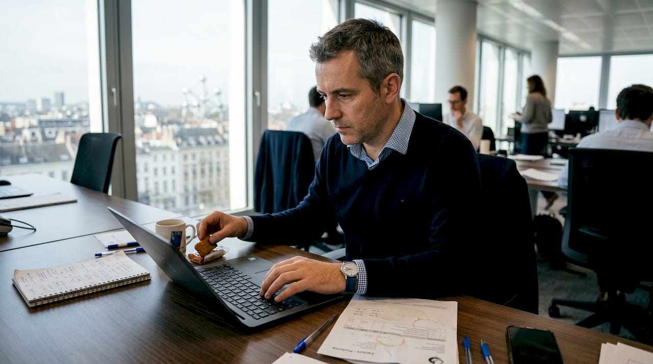Un Belge passe en revue une facture à son bureau.